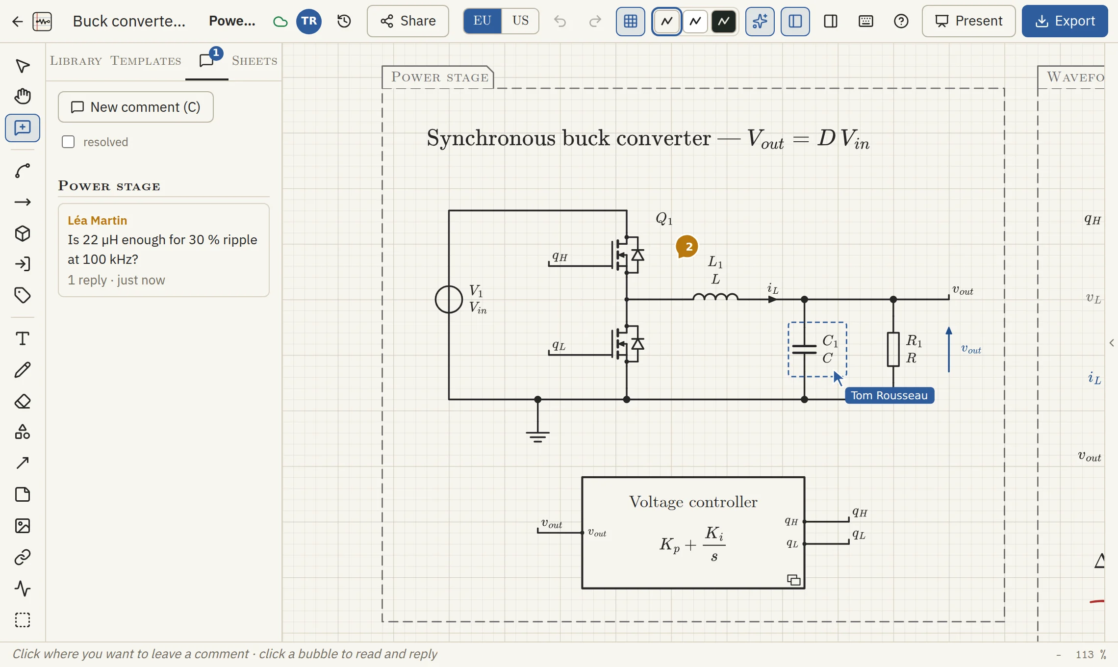 Two people on the same project: a comment thread about the inductor, and a teammate's cursor on the capacitor.