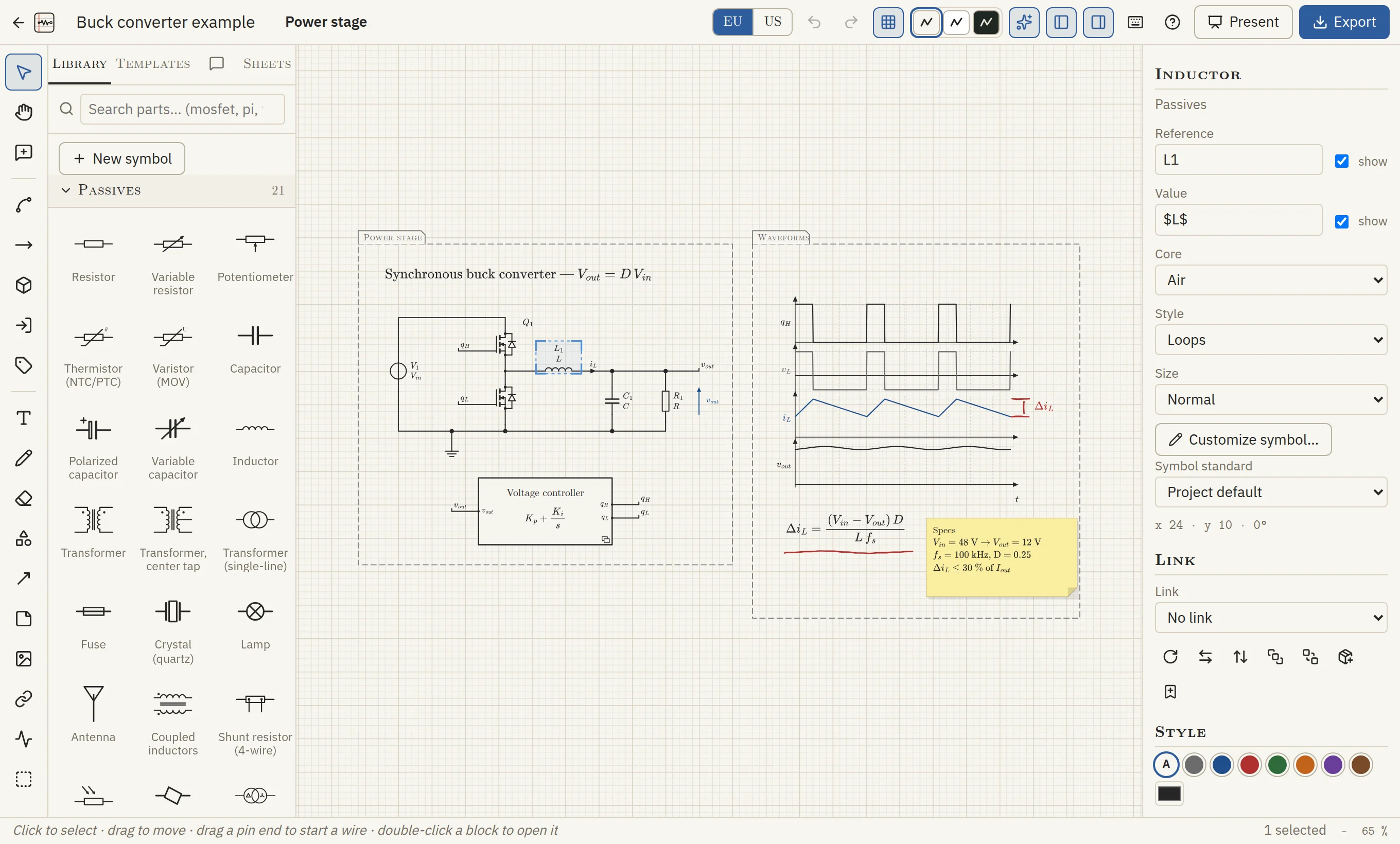 The Circuit Notebook editor with the buck converter example: the power stage with a hierarchical voltage-controller block, and next to it the chronogram of the converter annotated in red pencil, the ripple formula and a sticky note.
