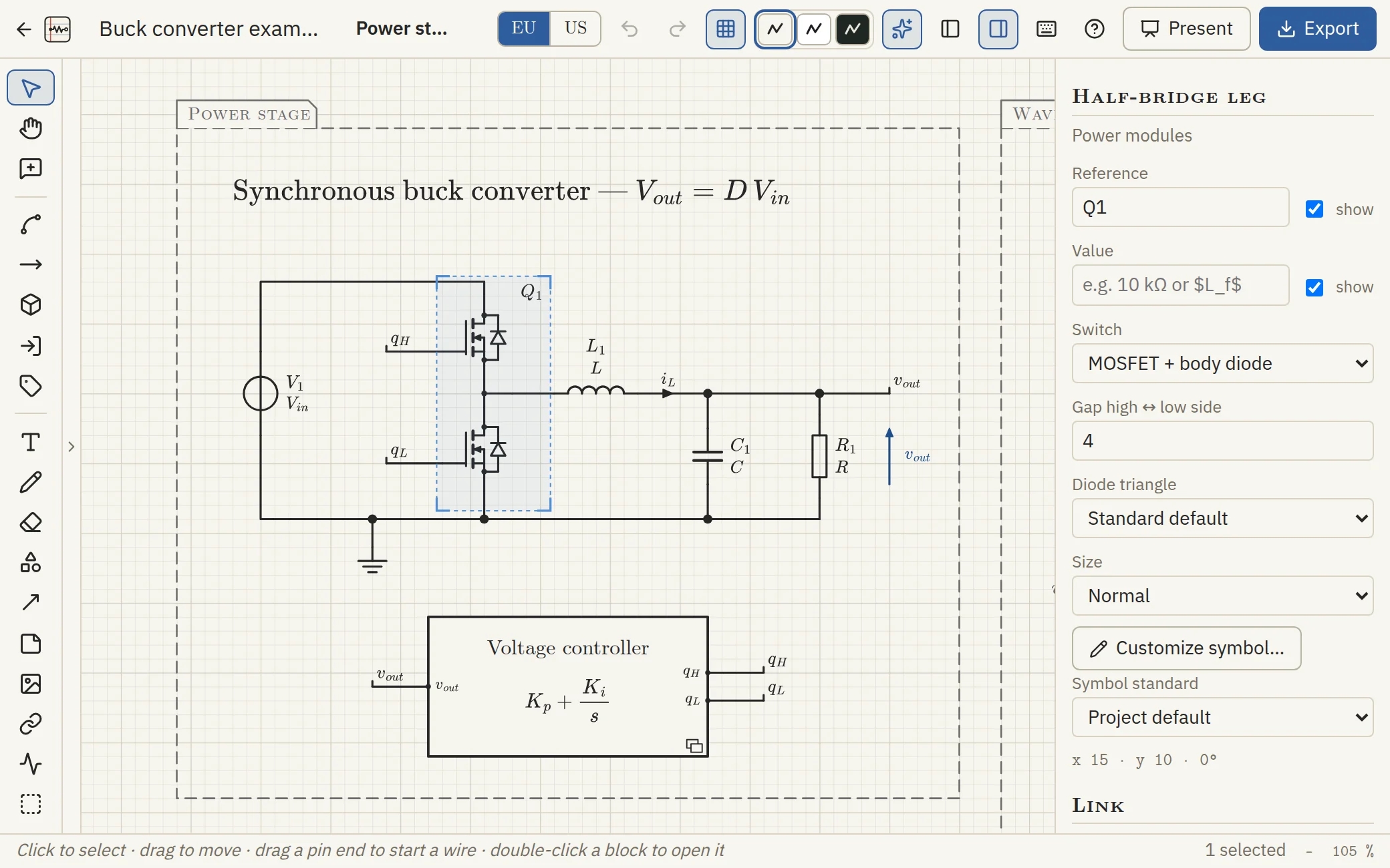 The power stage of the buck converter: half-bridge with body diodes, LC filter, load, the voltage-controller block, and the options of the selected half-bridge.